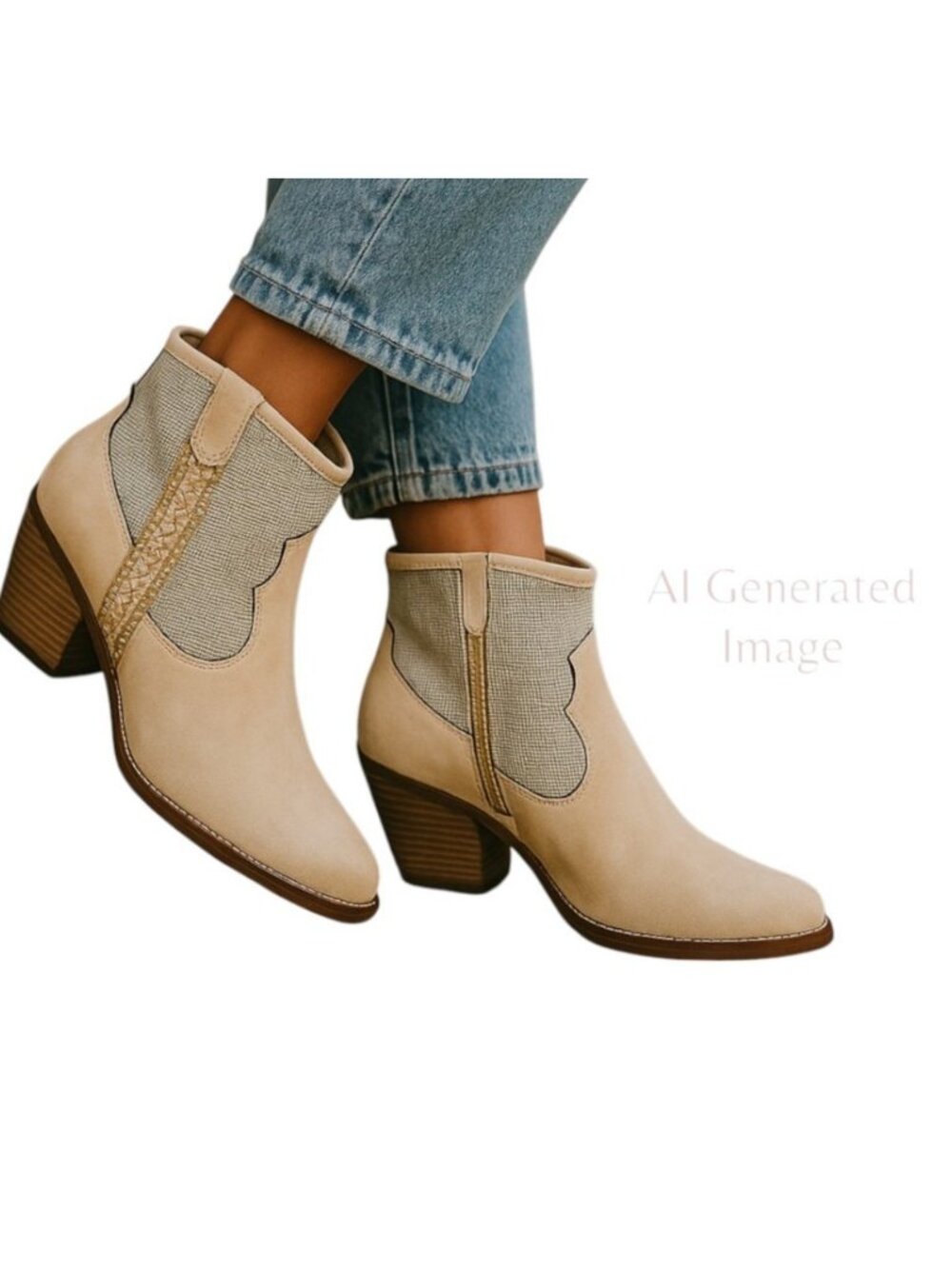 C Comfort Est 1946 Beige Pointed Toe Stacked Heel Cowboy Short Boots Size 11 M